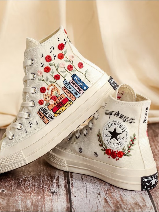Converse Shoes - Converse High Top Sneakers Cream with Red & Pink Floral Embroidery Taylor Swift